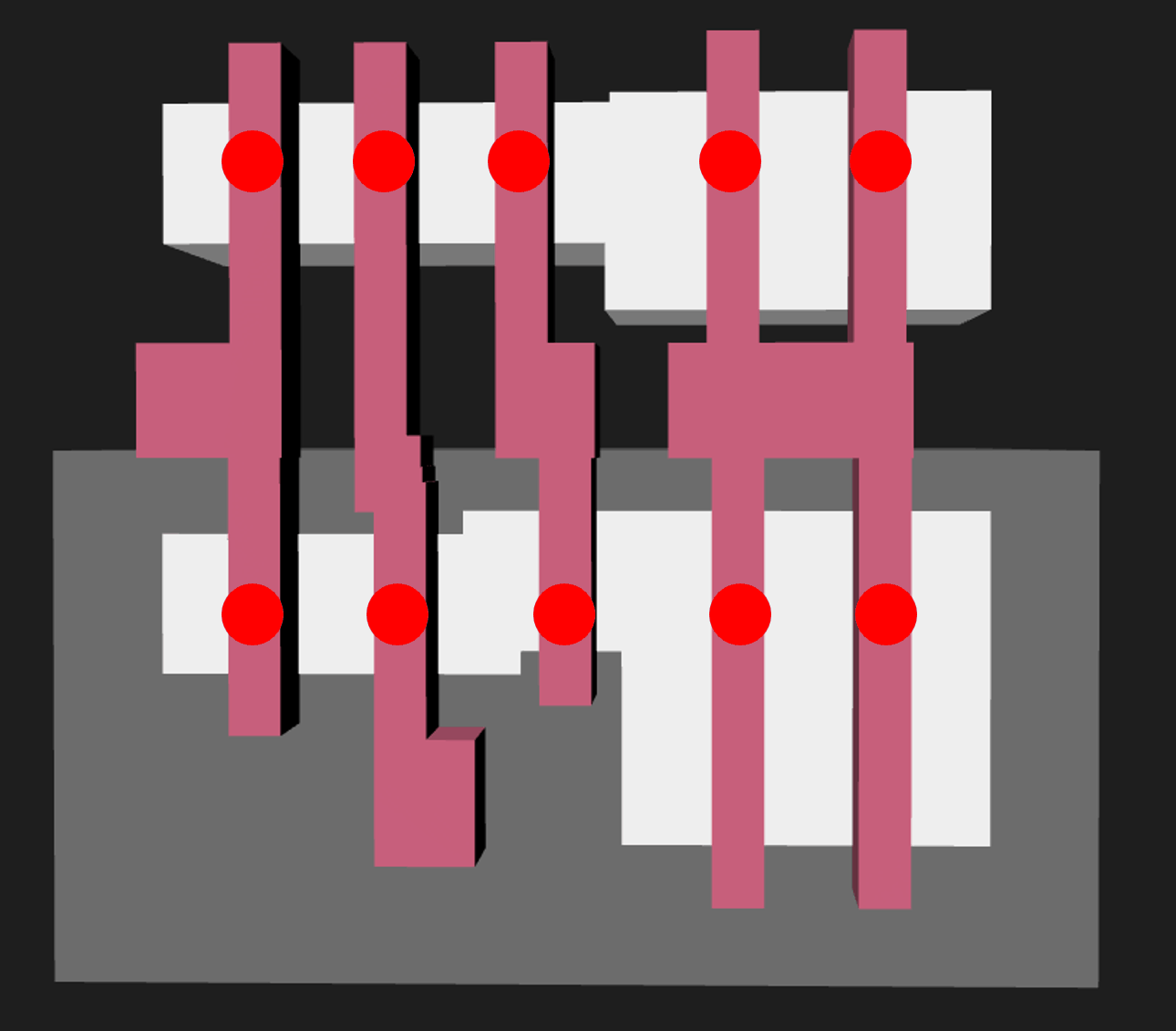 and3_2 poly, diff and nwell layers with each poly/diff crossing marked in red